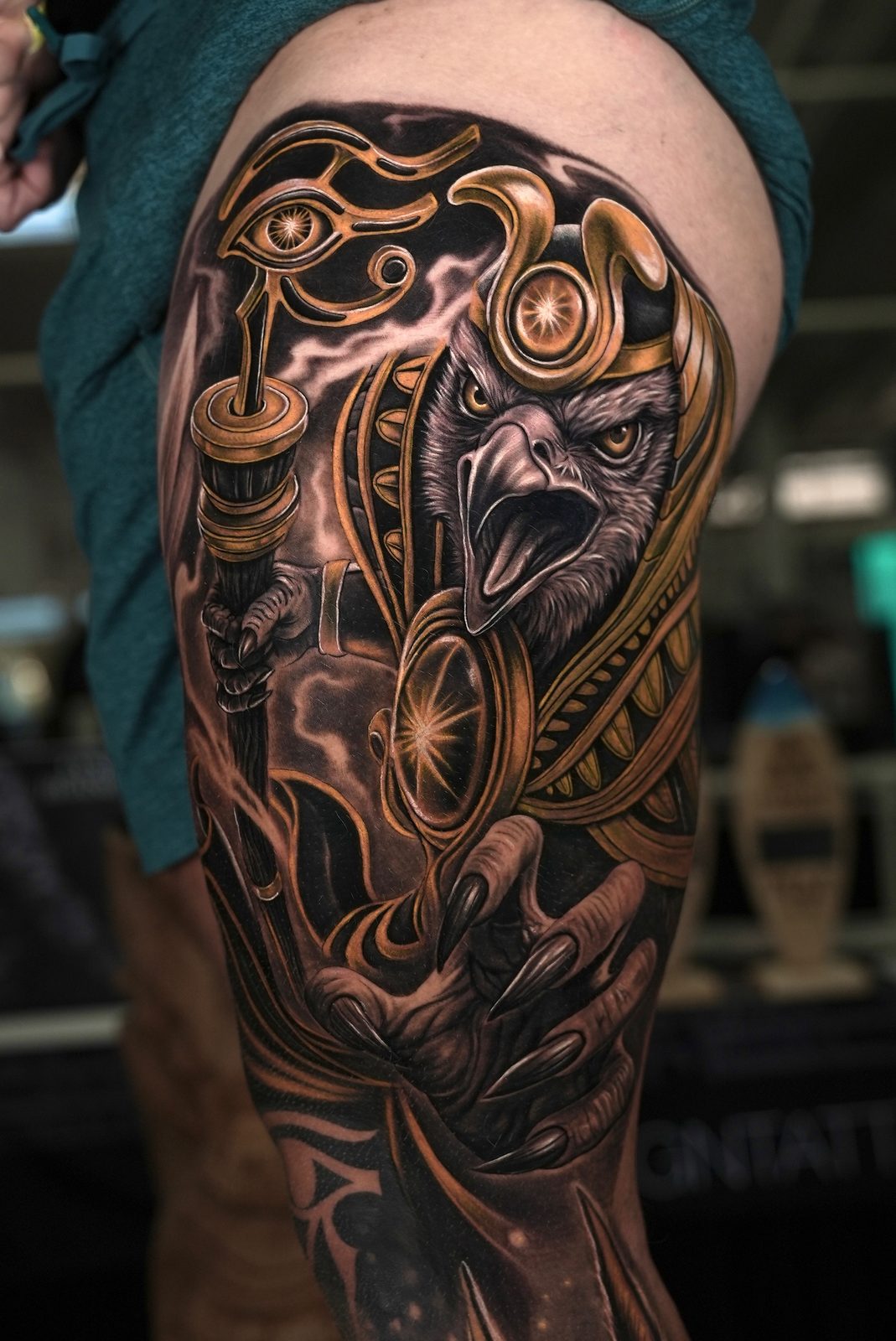 Close-up of Horus thigh tattoo by Lynn Hoang