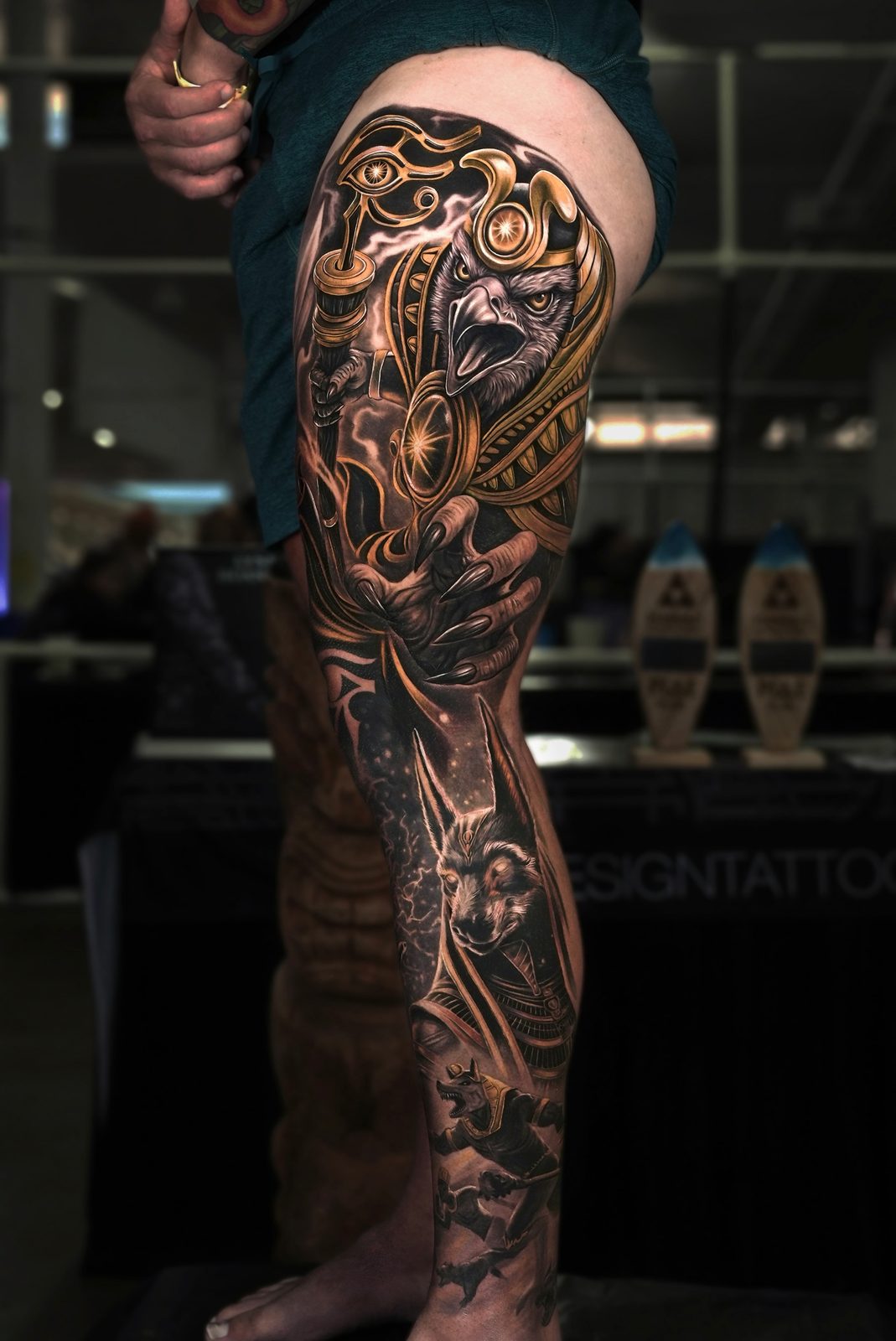 Award-winning Egyptian full leg sleeve tattoo by Lynn Hoang